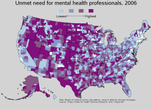 map of mental health shortage in US