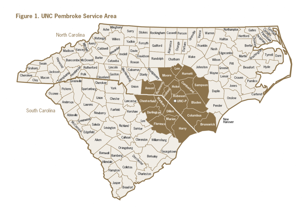 UNC Pembroke service area map, NC and SC counties