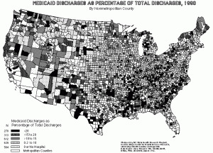Medicare Discharges as Percent of Total Hospital Discharges 1995 map of Medicare discharges as percent of total hospital discharges 1990 