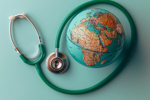 stethoscope with a globe on a teal background