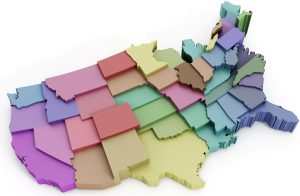 Colorful USA map with multi-colored individual states.