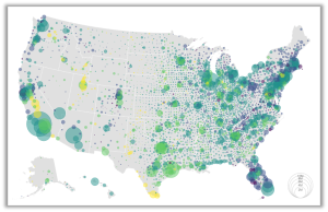 A bubble density map of the United States with estimated population by county. 