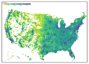 A map of the United States displaying population count using gridded approximate rectangles. 