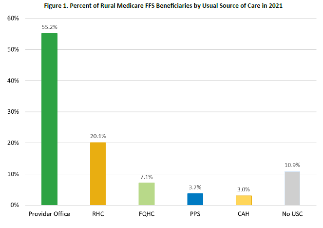 Bar chart showing the percent of rural Medicare FFS beneficiaries by usual source of care in 2021. Provider offices are highest at 55.2%, followed by Rural Health Clinics at 20.1%. FQHCs are 7.1%, PPS hospitals 3.7%, and CAHs 3.0%. Ten‑point‑nine percent of beneficiaries had no usual source of care.