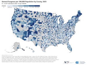 County level national map displaying supply of general surgeons - a total of 37,777 individuals at a rate of 11.0 per 100,000 population. 
